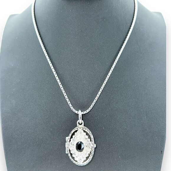 Locket Pendant with Black Faceted Cabochon Accent Silvertone Chain Necklace 21” - Picture 1 of 10